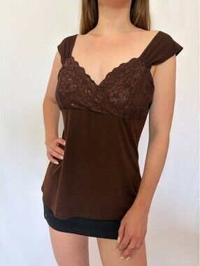 Dark Brown Cap Sleeve Lace Y2k Milkmaid Top